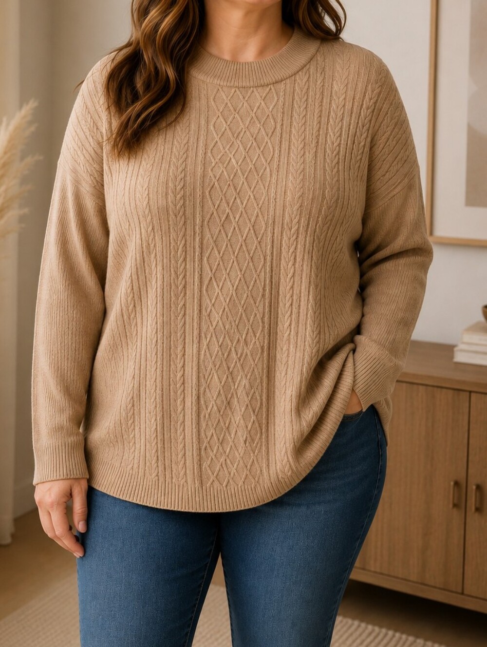 Size XL Elegant Tan Cable Knit Turtleneck Sweater